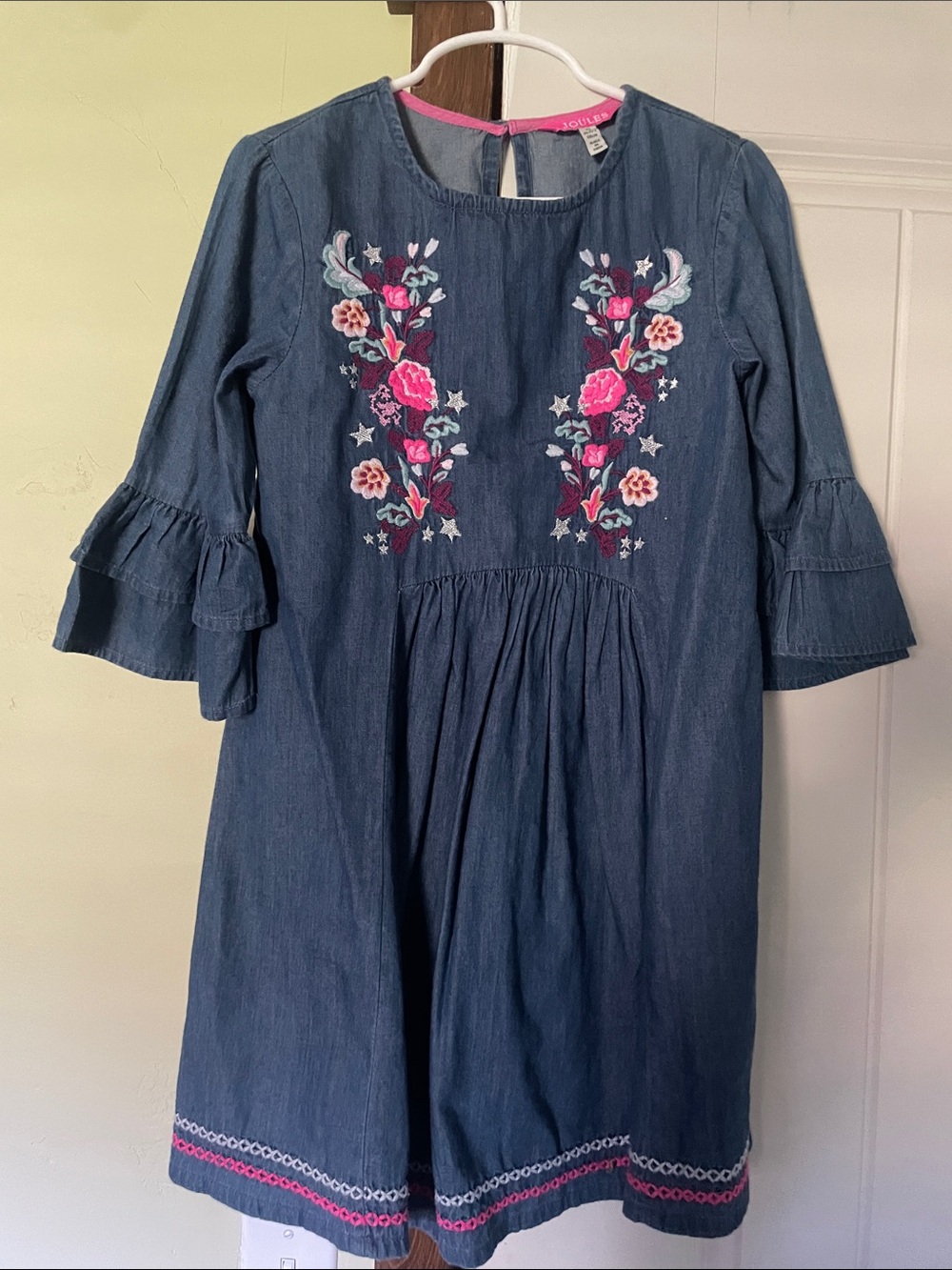 Joules Navy Denim-Look Dress with Pink & Light Blue Floral Embroidery